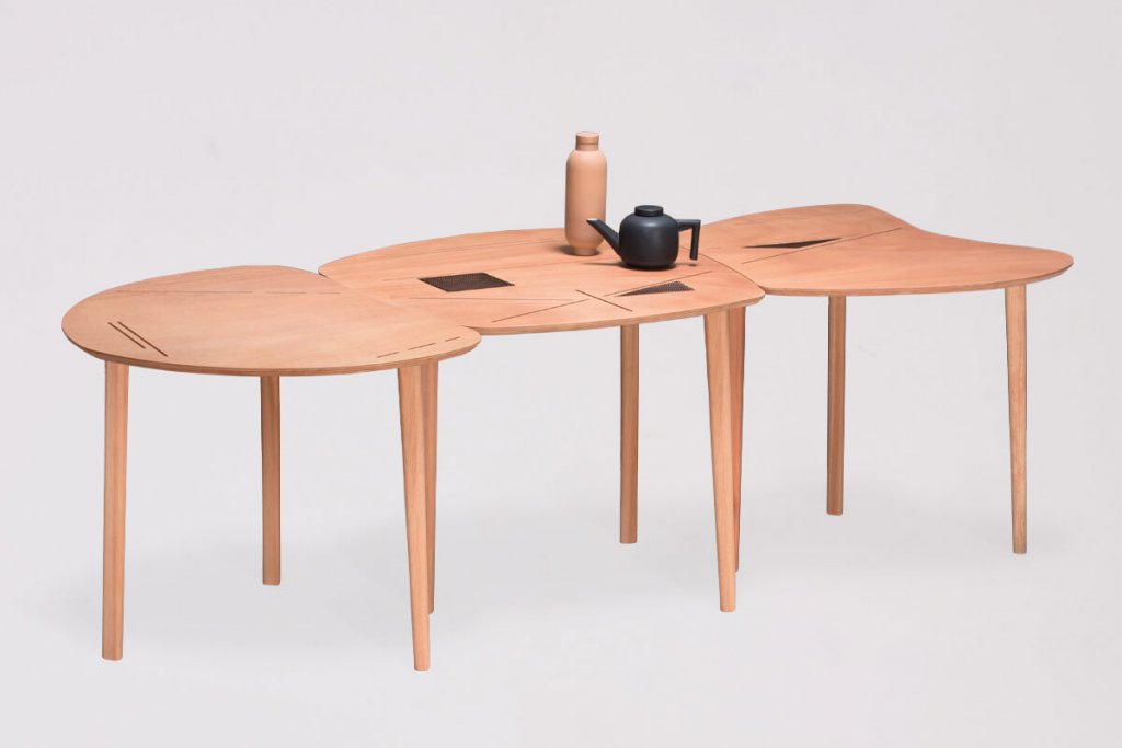 LIANE folding table set in natural wood, limited edition unique contemporary design by jacobsroom for contract restaurant private, tangram collection, extendable table, wood cuts and insertions, outdoor and indoor