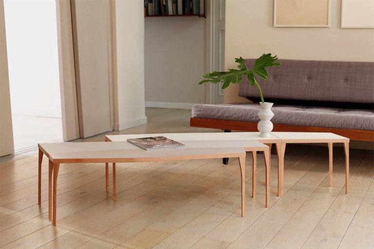 Ray-modular-side-table-variable composition of small tables in natural wood with colored surfaces limited edition design by jacobsroom