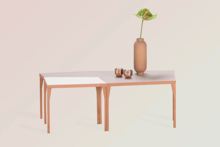 Ray-modular-side-table-variable composition of small tables in natural wood with colored surfaces limited edition design by jacobsroom