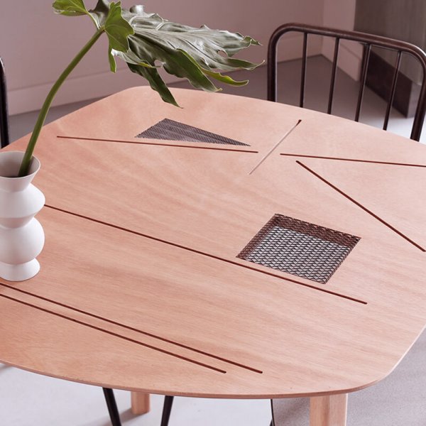 LIANE folding table set in natural wood, limited edition unique contemporary design by jacobsroom for contract restaurant private, tangram collection, extendable table, wood cuts and insertions, outdoor and indoor