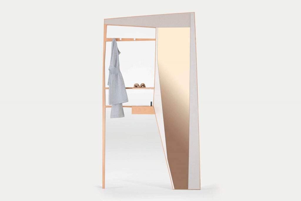 PHELIE wall rack entrance wardrobe mirror in natural wood with color decors bronze mirror limited edition design by jacobsroom white mauve