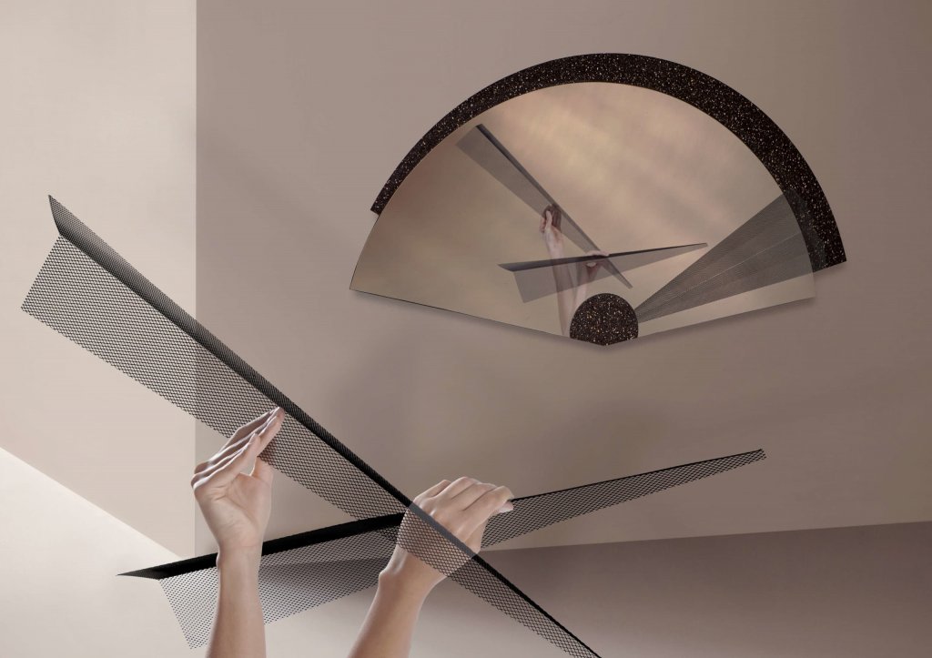 MAIOHGI wall decor mirror with floating metal mesh fans in black terrazzo limited edition design by jacobsroom inspired by japanese tradition