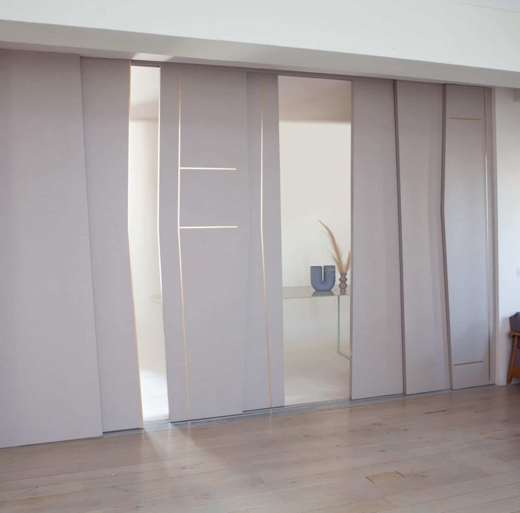 Bespoke sliding doors asymmetrical design in mauve with gold copper decor unique contemporary high end design by jacobsroom