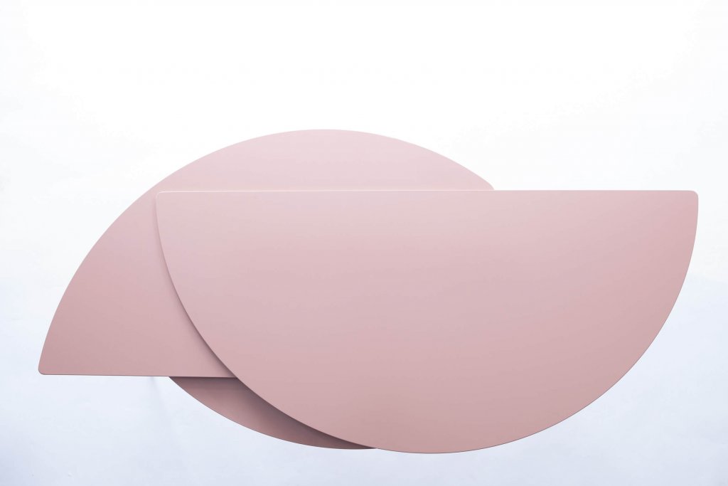 ALHENA extendable side table metal coral peach powder coated minimal contemporary limited edition unique design by jacobsroom, 120 to 160 cm, abstract graphical