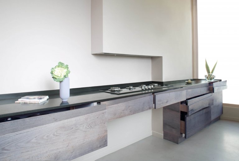 bespoke kitchen design unique drawers kitchen facility in full natural wood solid wood specially dyed oak veneer contemporary modern design by jacobsroom black marble granite
