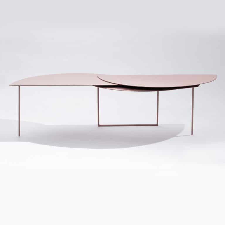ALHENA extendable side table metal coral peach powder coated minimal contemporary limited edition unique design by jacobsroom, 120 to 160 cm