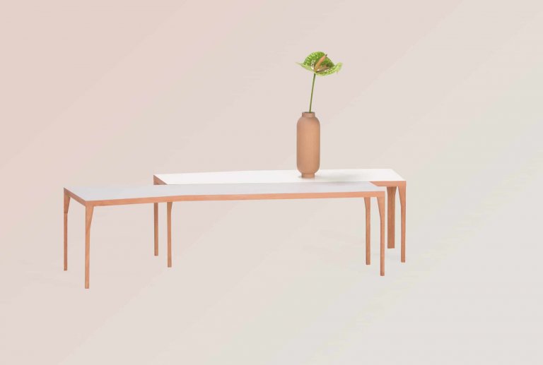 Ray-modular-side-table-cxomposition of 2 small tables in natural wood with colored surfaces limited edition design by jacobsroom