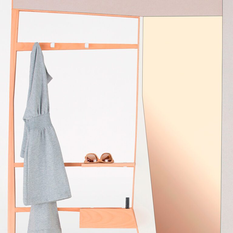 Closeup of ultra modern entryway wardrobe Phelie in copper, gold and grey, designed by custom interior design firm jacobsroom