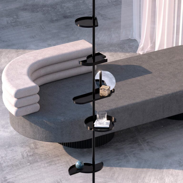 Minimalist telescopic shelf Alea in a contemporary loft interior