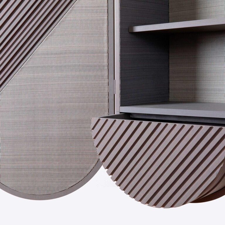 Custom made furniture wall cabinet O with sophisticated woodwork and Metaphores Paris Hermes luxury textile decor