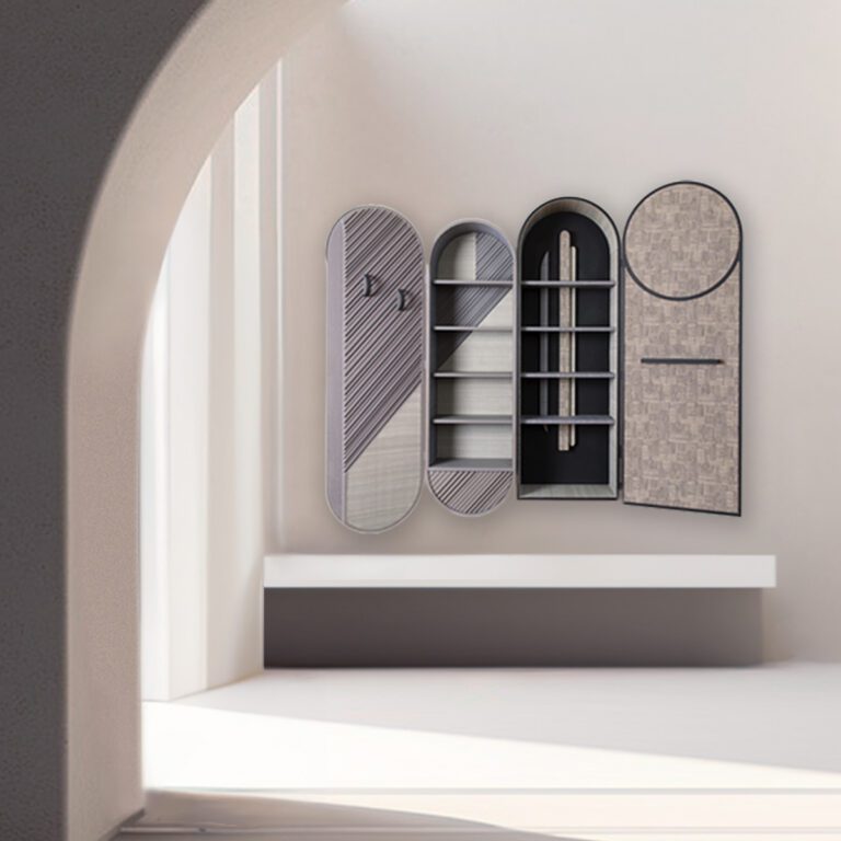 Ultra modern interior with luxury O wall cabinet and Hermes home decor textiles