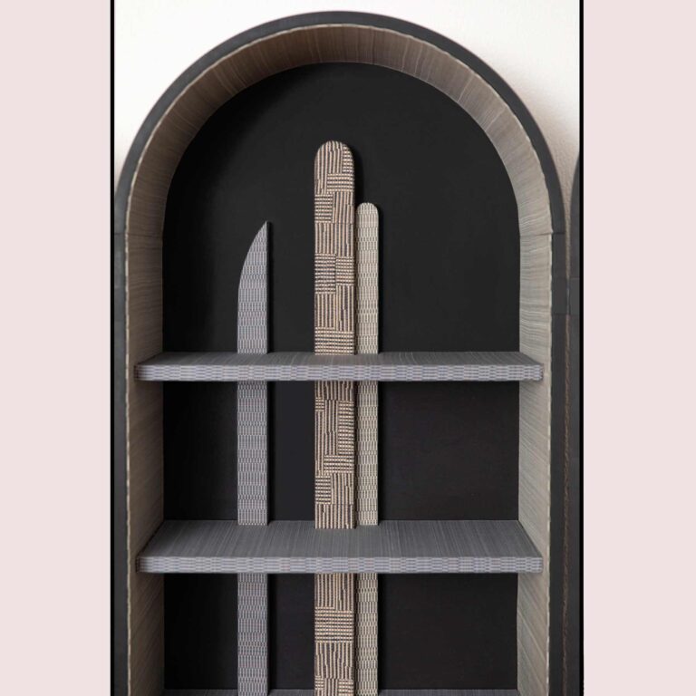 O wall cabinet detail of interiors with Hermes luxury textile decor, ultra modern art deco
