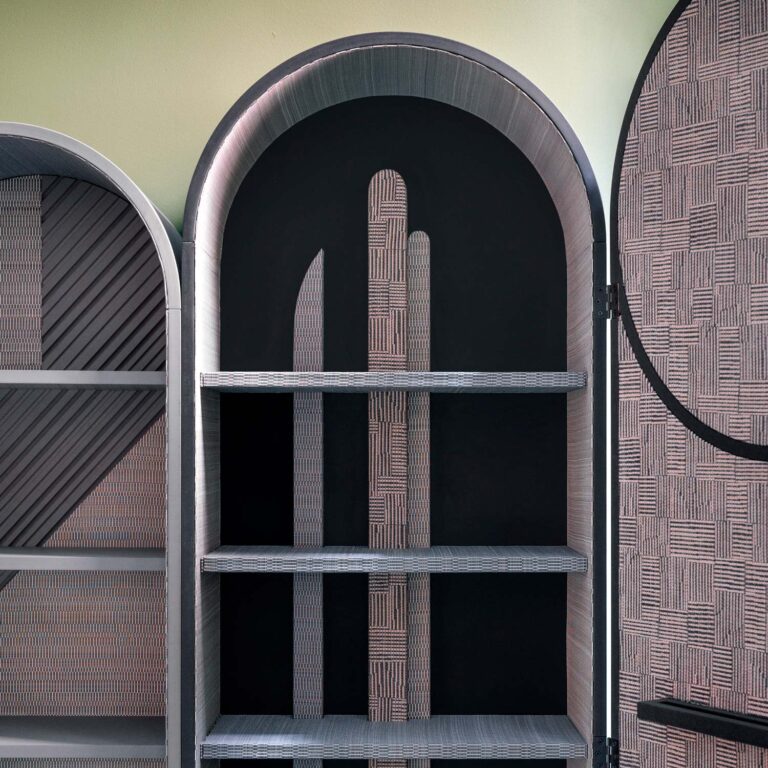 Detail view interior decoration of the o wall cabinet with Hermes luxury textiles