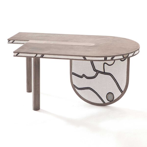 Front view of the ultra modern sofa table Sourire decorated with Talismane textile by Hermes luxury brand decor line Metaphores Paris
