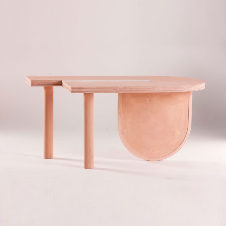 Sustainable product: contemporary abstract couch table Sourire in regenerated wood and natural sand color finish