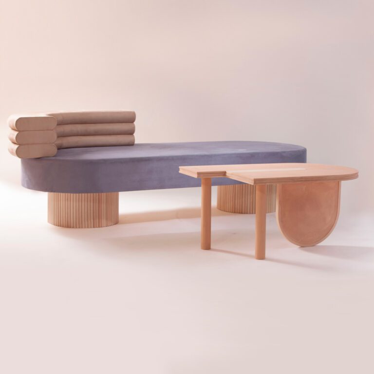 Minimalist side table Sourire with chaise longue O, ultra modern interior design by jacobsroom